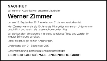 Traueranzeige von Werner Zimmer von Der Westallgäuer