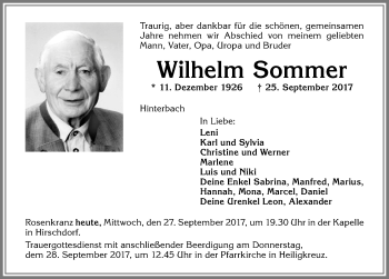 Traueranzeige von Wilhelm Sommer von Allgäuer Zeitung,Kempten