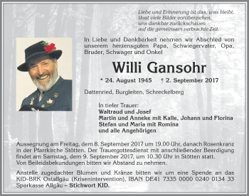Traueranzeige von Willi Gansohr von Allgäuer Zeitung, Marktoberdorf