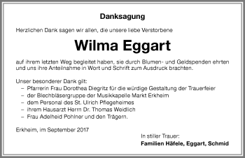 Traueranzeige von Wilma Eggart von Memminger Zeitung
