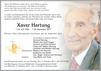 Traueranzeige von Xaver Hartung von Allgäuer Zeitung, Kaufbeuren/Buchloe