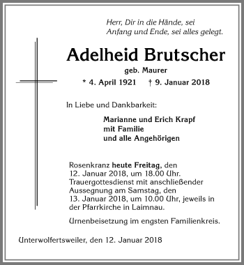 Traueranzeige von Adelheid Brutscher von Allgäuer Zeitung,Kempten
