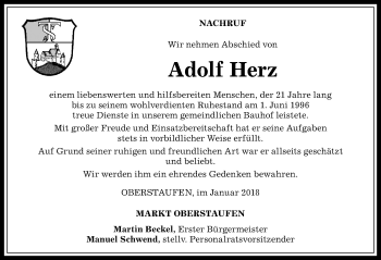 Traueranzeige von Adolf Herz von Allgäuer Anzeigeblatt