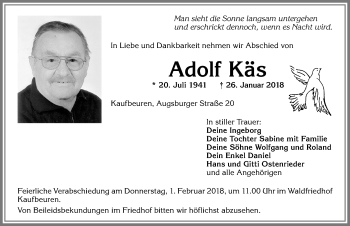Traueranzeige von Adolf Käs von Allgäuer Zeitung, Kaufbeuren/Buchloe