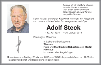 Traueranzeige von Adolf Steck von Memminger Zeitung