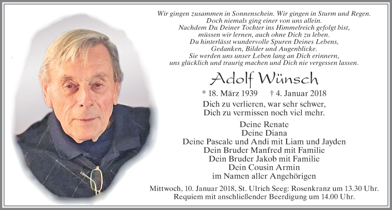  Traueranzeige für Adolf Wünsch vom 09.01.2018 aus Allgäuer Zeitung, Füssen