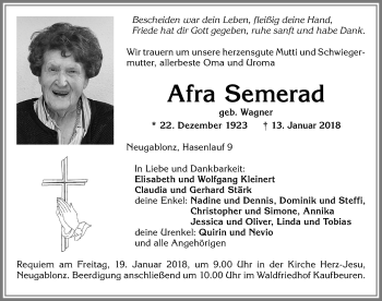 Traueranzeige von Afra Semerad von Allgäuer Zeitung, Kaufbeuren/Buchloe