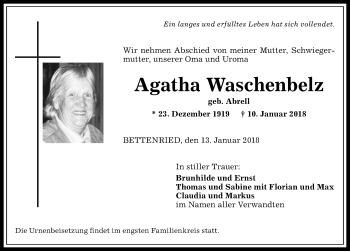Traueranzeige von Agatha Waschenbelz von Allgäuer Anzeigeblatt