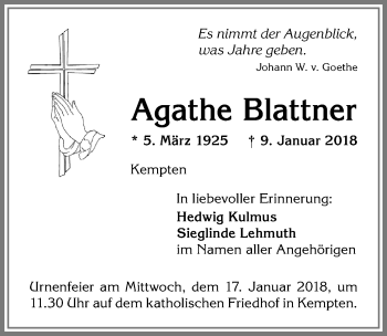 Traueranzeige von Agathe Blattner von Allgäuer Zeitung,Kempten