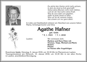 Traueranzeige von Agathe Hafner von Allgäuer Zeitung,Kempten
