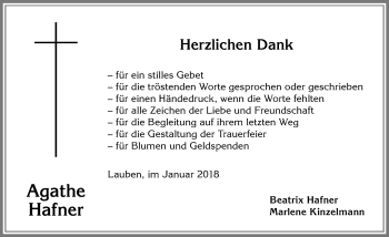 Traueranzeige von Agathe Hafner von Allgäuer Zeitung,Kempten