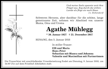 Traueranzeige von Agathe Mühlegg von Allgäuer Anzeigeblatt
