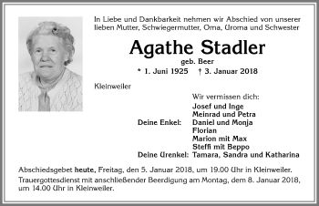Traueranzeige von Agathe Stadler von Allgäuer Zeitung,Kempten