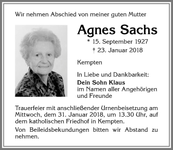 Traueranzeige von Agnes Sachs von Allgäuer Zeitung,Kempten