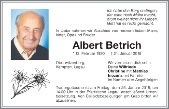 Traueranzeige von Albert Betrich von Memminger Zeitung