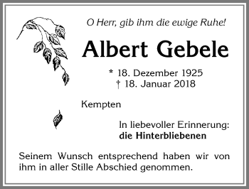 Traueranzeige von Albert Gebele von Allgäuer Zeitung,Kempten