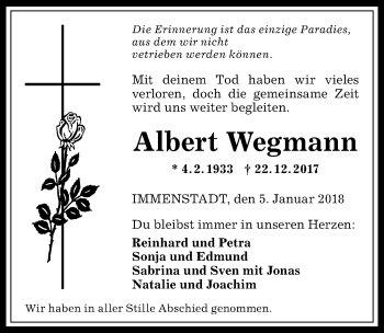 Traueranzeige von Albert Wegmann von Allgäuer Anzeigeblatt