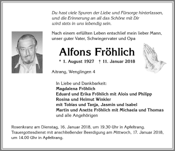 Traueranzeige von Alfons Fröhlich von Allgäuer Zeitung