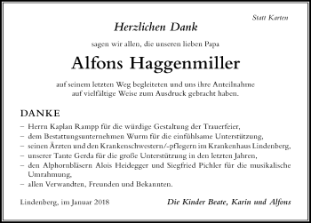 Traueranzeige von Alfons Haggenmiller von Der Westallgäuer