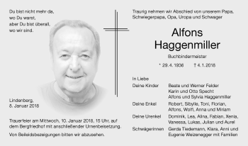 Traueranzeige von Alfons Haggenmiller von Der Westallgäuer
