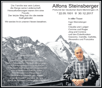 Traueranzeige von Alfons Steinsberger von Memminger Zeitung