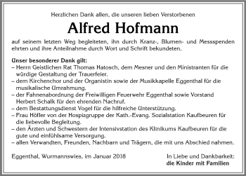 Traueranzeige von Alfred Hofmann von Allgäuer Zeitung, Kaufbeuren/Buchloe