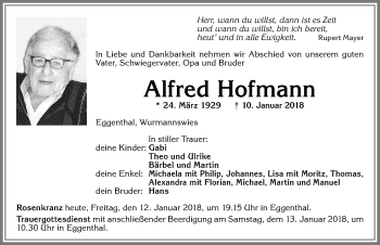 Traueranzeige von Alfred Hofmann von Allgäuer Zeitung