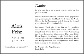 Traueranzeige von Alois Fehr von Der Westallgäuer