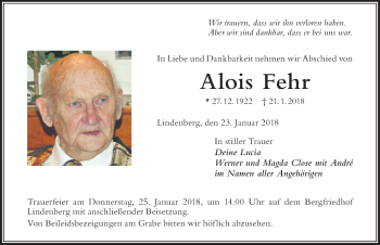 Traueranzeige von Alois Fehr von Der Westallgäuer