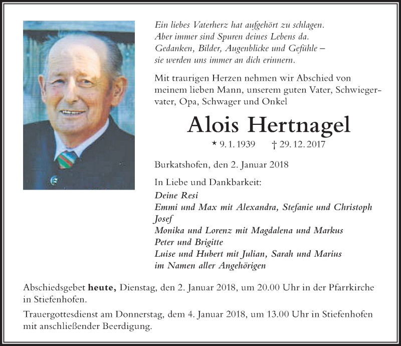  Traueranzeige für Alois Hertnagel vom 02.01.2018 aus Der Westallgäuer