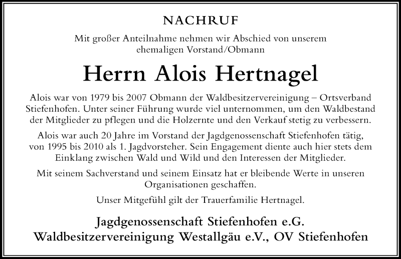  Traueranzeige für Alois Hertnagel vom 03.01.2018 aus Der Westallgäuer