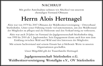 Traueranzeige von Alois Hertnagel von Der Westallgäuer