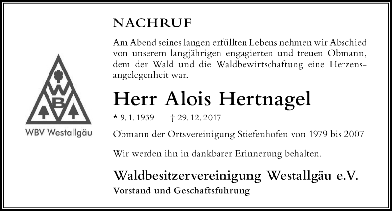  Traueranzeige für Alois Hertnagel vom 04.01.2018 aus Der Westallgäuer