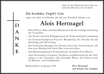 Traueranzeige von Alois Hertnagel von Der Westallgäuer