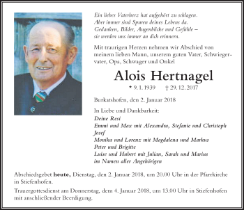 Traueranzeige von Alois Hertnagel von Der Westallgäuer