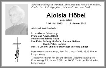 Traueranzeige von Aloisia Höbel von Allgäuer Zeitung, Marktoberdorf