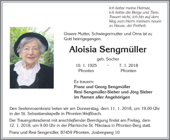 Traueranzeige von Aloisia Sengmüller von Allgäuer Zeitung, Füssen