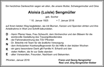 Traueranzeige von Aloisia Luisle Sengmüller von Allgäuer Zeitung, Füssen