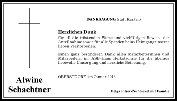 Traueranzeige von Alwine Schachtner von Allgäuer Anzeigeblatt