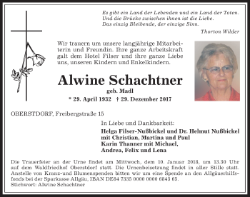 Traueranzeige von Alwine Schachtner von Allgäuer Anzeigeblatt
