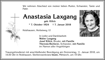 Traueranzeige von Anastasia Laxgang von Allgäuer Zeitung, Kaufbeuren/Buchloe