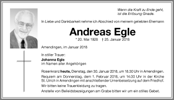 Traueranzeige von Andreas Egle von Memminger Zeitung