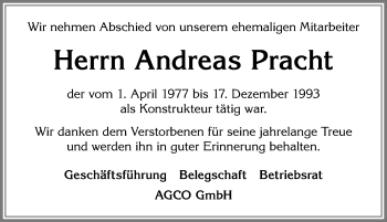 Traueranzeige von Andreas Pracht von Allgäuer Zeitung, Marktoberdorf