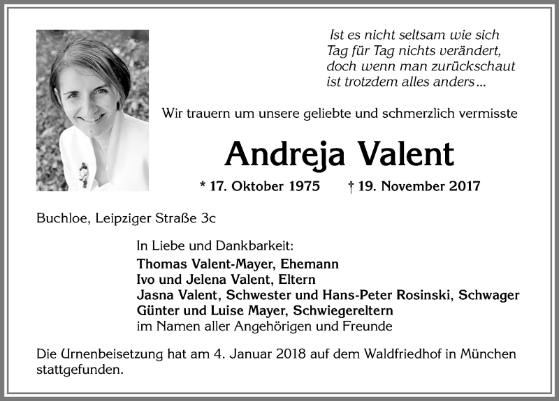  Traueranzeige für Andreja Valent vom 27.01.2018 aus Allgäuer Zeitung, Kaufbeuren/Buchloe
