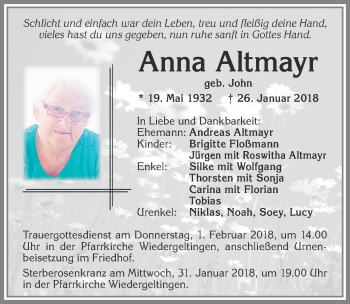 Traueranzeige von Anna Altmayr von Allgäuer Zeitung, Kaufbeuren/Buchloe