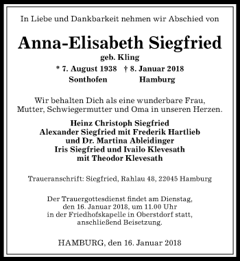 Traueranzeige von Anna-Elisabeth Siegfried von Allgäuer Anzeigeblatt
