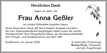 Traueranzeige von Anna Geßler von Allgäuer Zeitung, Kaufbeuren/Buchloe