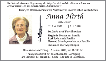 Traueranzeige von Anna Hirth von Allgäuer Zeitung, Füssen