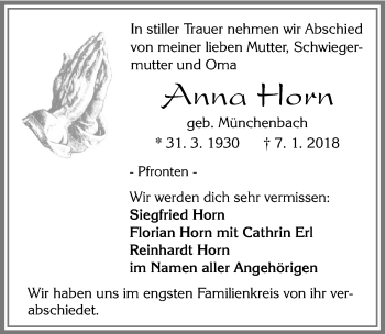 Traueranzeige von Anna Horn von Allgäuer Zeitung, Füssen