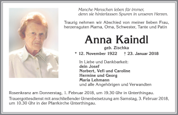 Traueranzeige von Anna Kaindl von Allgäuer Zeitung, Marktoberdorf